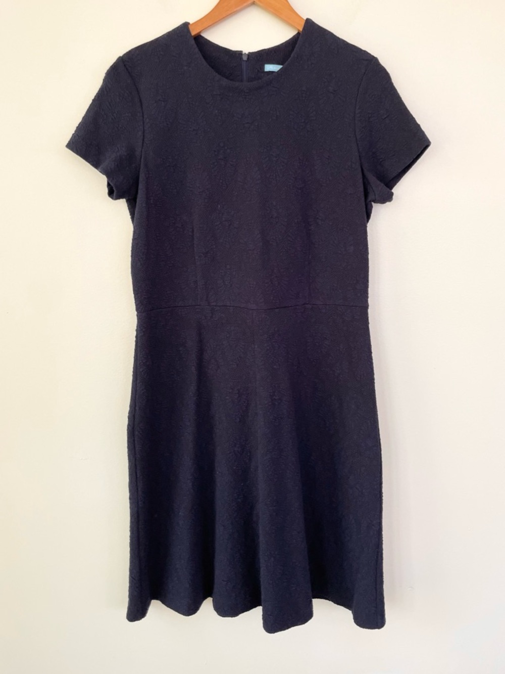 J McLauglin Fit & Flare Textured Jacquard Dress L Large Navy Blue Cap Sleeve